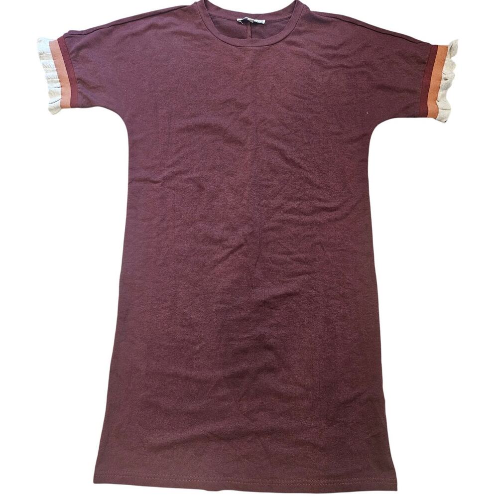 Yakira Bella Merlot Short Sleeve Knee Length 100% Cotton Dress sz Small Ruffle